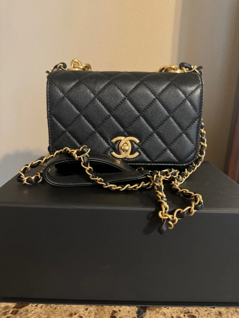 Chanel Black Quilted Mini Shoulder Bag with Gold Chain